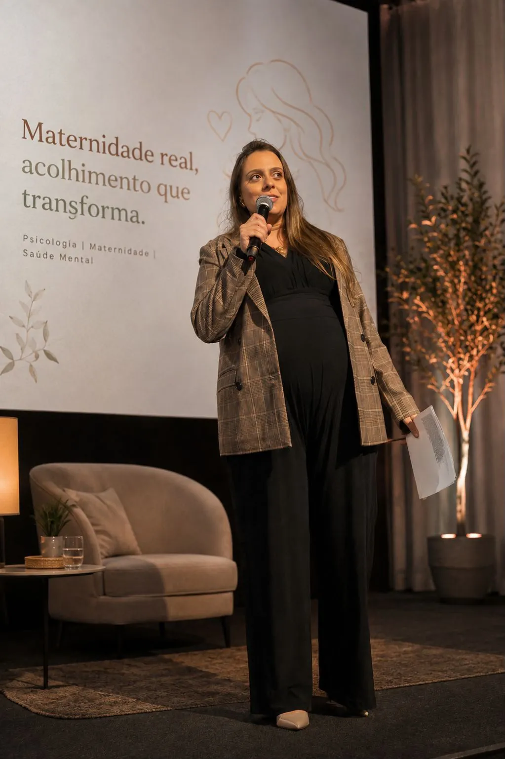 Bru Nasser, grávida, falando ao microfone em um evento sobre maternidade real